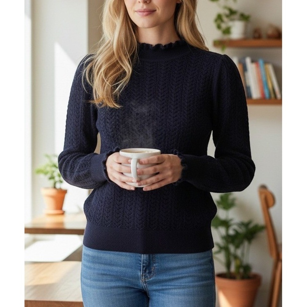 Boden Navy Blue Pointelle Ruffle Neck Sweater Puff Sleeve Wool Blend Size M
